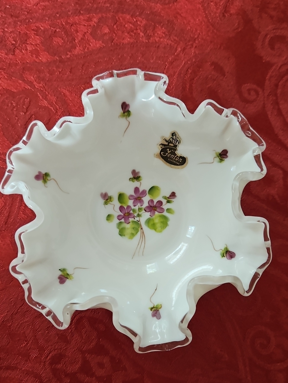 VTG Fenton Silver Crest Violets in the Snow Milk Glass Candy Dish